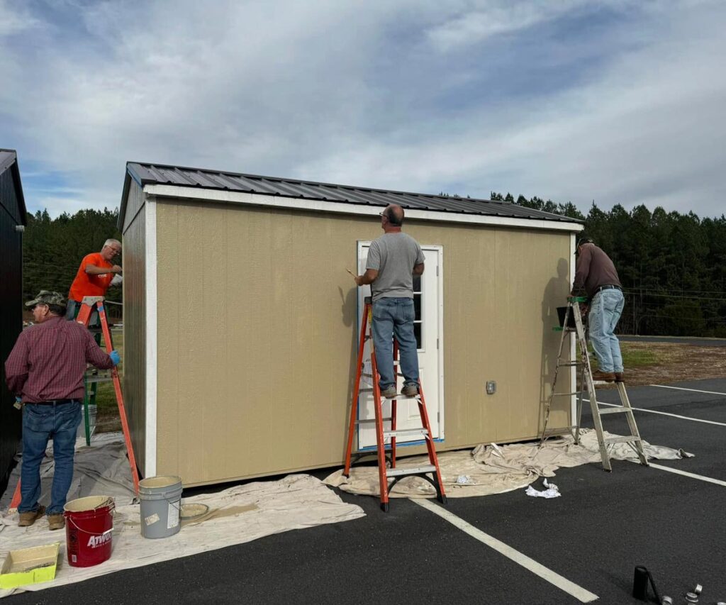 Tiny homes being finished at Dudley Shoals Baptist church in North Carolina before being sent out for final delivery